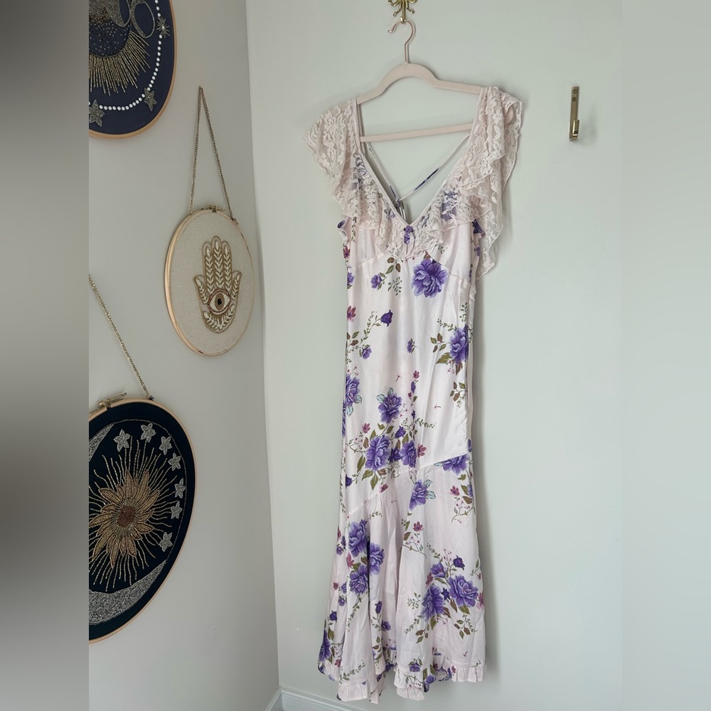 Free People White Pink Floral Lace-Trimmed Open Back Slip Maxi Dress